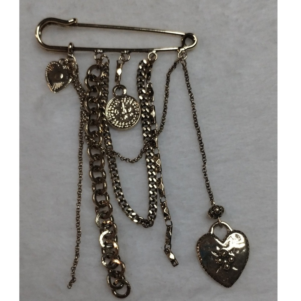 Gold Tone Safety Pin Brooch with Heart Coin Charms and Multi-Chain Dangles